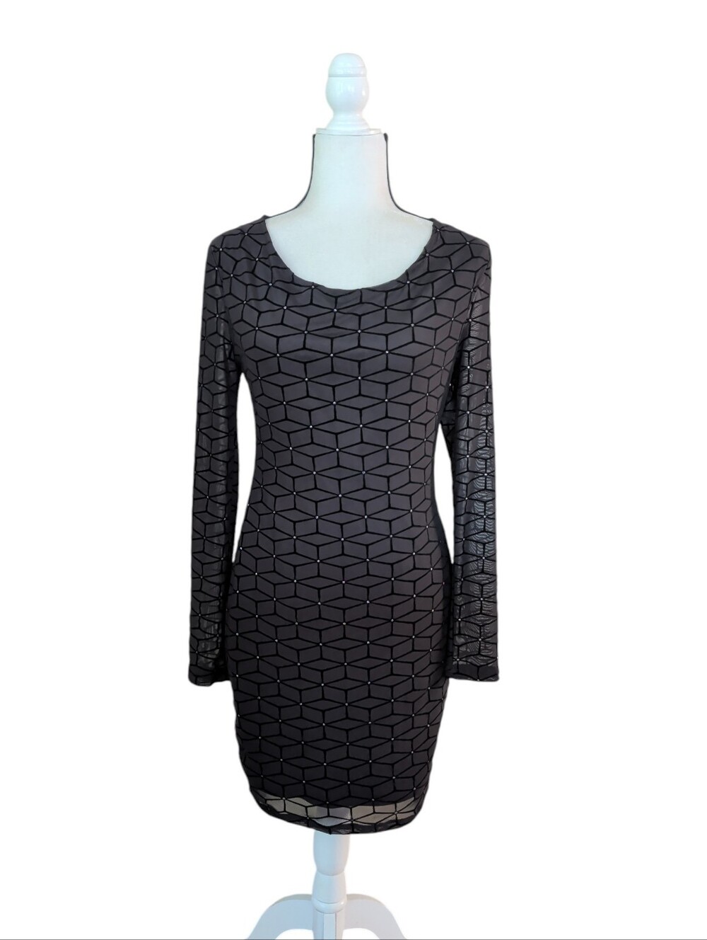 Shein BAE Geo Pattern Mesh Insert Bodycon Dress MEDIUM 6 Black